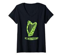 Women's Irish Harp St Patrick’s Day Green Shamrock Celtic Musician V-Neck T-Shirt