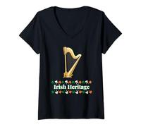 Women's Irish Heritage Harp Design, Ireland Shamrock Tricolor V-Neck T-Shirt