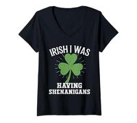 Women's Irish I was Having Shenanigans St Patricks Day Shamrock V-Neck T-Shirt