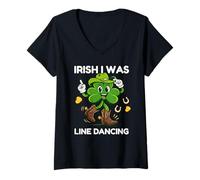 Women's Irish I was Line Dancing Funny St Patricks Day Clover Dancer V-Neck T-Shirt