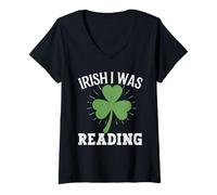 Women's Irish I was Reading Lucky St Patricks Day Shamrock Clover V-Neck T-Shirt