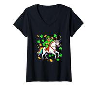 Women's Irish Man Riding Unicorn Shamrocks Patrick's Day Shamrocks V-Neck T-Shirt
