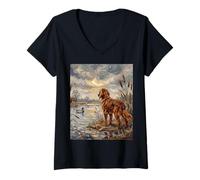 Women's Irish Setter Dog and Mallard Duck at a Pond Artwork V-Neck T-Shirt