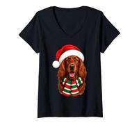 Women's Irish Setter Dog Christmas Santa Hat Scarf Festive Xmas V-Neck T-Shirt