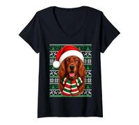 Women's Irish Setter Dog Christmas Santa Hat Ugly Sweaters Xmas V-Neck T-Shirt