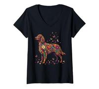 Women's Irish Setter Dog Colorful Floral Butterfly Flowers Botanical V-Neck T-Shirt