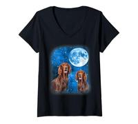 Womens Irish Setter Dog Howling At The Space Moon Night Starry Sky V-Neck T-Shirt