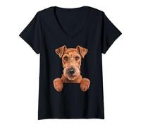 Women's Irish Terrier Funny Peeking Pocket Daredevil Dog Lover V-Neck T-Shirt