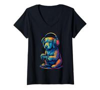 Womens Irish Wolfhound Retro Gamer Vintage Gaming Dog Lover V-Neck T-Shirt