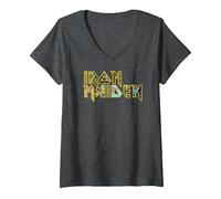 Women's Iron Maiden Eddie Logo V-Neck T-Shirt, Dark Heather Grey, Small