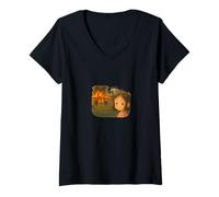 Womens Ironic Meme Girl Retro Cartoon with Flames V-Neck T-Shirt