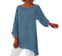 Women's Irregular Hem Tops UK Plus Size Cotton Linen 3/4 Sleeve Crewneck Oxersized Gauze Linen Baggy Blouse Shirt Summer Trendy Casual Loose Fit Flowy Beach Boho Tunic Tops Blue