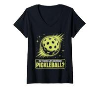 Women's is There Life Beyond Pickleball Funny Space Pickleball Humor V-Neck T-Shirt