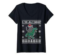 Womens is This Jolly Enough, Christmas cat Riding Dinosaur t rex V-Neck T-Shirt