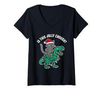 Womens is This Jolly Enough, Christmas cat Riding Dinosaur t rex V-Neck T-Shirt