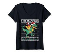 Womens is This Jolly Enough, Christmas Chicken Riding Dinosaur V-Neck T-Shirt