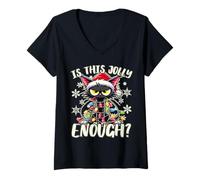Womens is This Jolly Enough Funny Black Cat Christmas Tree Lights V-Neck T-Shirt