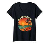 Womens Island Dreaming Sunset Hibiscus Flower Retro Tropical Beach V-Neck T-Shirt