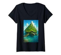 Womens Island Turtle Fantasy Art Ocean Adventure Illustration V-Neck T-Shirt