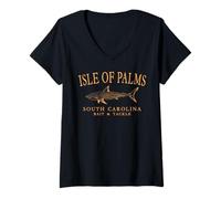 Womens Isle of Palms SC Shark Fishing Arched Orange Letters V-Neck T-Shirt