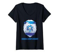 Womens Israel Lion's Heart Jewish Flag and Star of David Support V-Neck T-Shirt