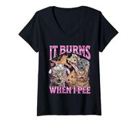 Women's It Burns When I Pee Cat Funny Meme Cute V-Neck T-Shirt
