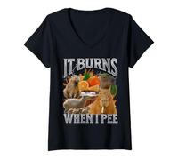 Womens It Burns When I Pee Funny Capybara Meme Bootleg Y2K Graphic V-Neck T-Shirt