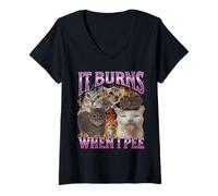 Womens It Burns When I Pee Funny Cat Meme Bootleg Graphic V-Neck T-Shirt