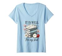 Womens It Is Well For My Soul Book Stack Flowers V-Neck T-Shirt