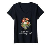 Womens It is Well with My Soul Floral Christian Faith V-Neck T-Shirt