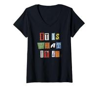 Women's It is What It is Cut Out Magazine Letters V-Neck T-Shirt