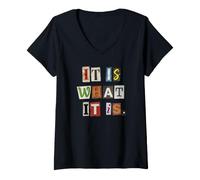 Women's It is What It is Ransom Note Style Typography V-Neck T-Shirt