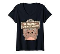 Womens It Probably Can Get Worse Funny Grumpy Ironic Cat Graphic V-Neck T-Shirt