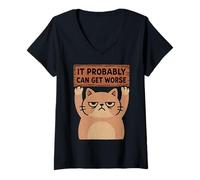 Womens It Probably Can Get Worse Grumpy Sarcastic Funny Cat Graphic V-Neck T-Shirt