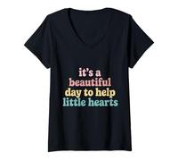 Women's It’s a Beautiful Day to Help Little Hearts Teacher Retro V-Neck T-Shirt