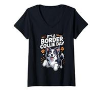 Womens It’s A Border Collie Day Funny Cute Pet Dog Lover Cartoon V-Neck T-Shirt