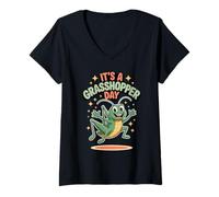 Womens It’s A Grasshopper Day Fun Bug Cartoon Garden Insect V-Neck T-Shirt