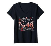 Women's It’s My 46th Birthday Pink 46 Years Old Birthday Queen Party V-Neck T-Shirt