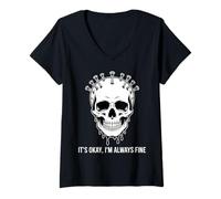 Women's It’s Okay I’m Always Fine Gothic Skull Design V-Neck T-Shirt