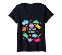Womens It Starts with Hello Friendship Teacher Inclusion Language V-Neck T-Shirt