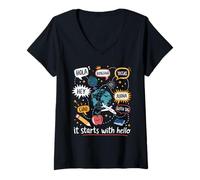 Women's It Starts with Hello Multilingual Classroom Teacher V-Neck T-Shirt
