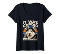 Women's It was Cardio Technically Not Escaping Husky Dog V-Neck T-Shirt