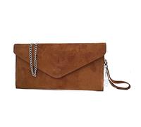 Women's Italian Genuine Suede Envelope Style Clutch Handbag Evening Bag With Wristlet & Chain Strap-BROWN
