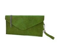 Women's Italian Genuine Suede Envelope Style Clutch Handbag Evening Bag With Wristlet & Chain Strap-OLIVE