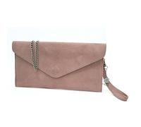 Women's Italian Genuine Suede Envelope Style Clutch Handbag Evening Bag With Wristlet & Chain Strap-PINK