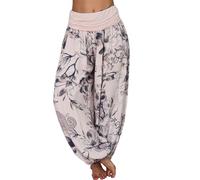 Womens Italian Lagenlook Floral Print Viscose Boho Harem Ali Baba Trouser Pants Joggers Women's High Waist Loose Casual Wide Leg Plus Size Women's Trousers Pants Pink