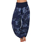 Womens Italian Lagenlook Floral Print Viscose Boho Harem Ali Baba Trouser Pants Joggers Women's High Waist Loose Casual Wide Leg Plus Size Women's Trousers Pants Navy