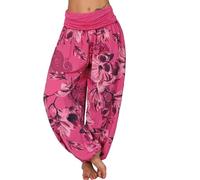 Womens Italian Lagenlook Floral Print Viscose Boho Harem Ali Baba Trouser Pants Joggers Women's High Waist Loose Casual Wide Leg Plus Size Women's Trousers Pants Hot Pink