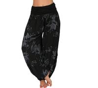 Womens Italian Lagenlook Floral Print Viscose Boho Harem Ali Baba Trouser Pants Joggers Women's High Waist Loose Casual Wide Leg Plus Size Women's Trousers Pants Black
