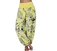 Womens Italian Lagenlook Floral Print Viscose Boho Harem Ali Baba Trouser Pants Joggers Women's High Waist Loose Casual Wide Leg Plus Size Women's Trousers Pants Yellow